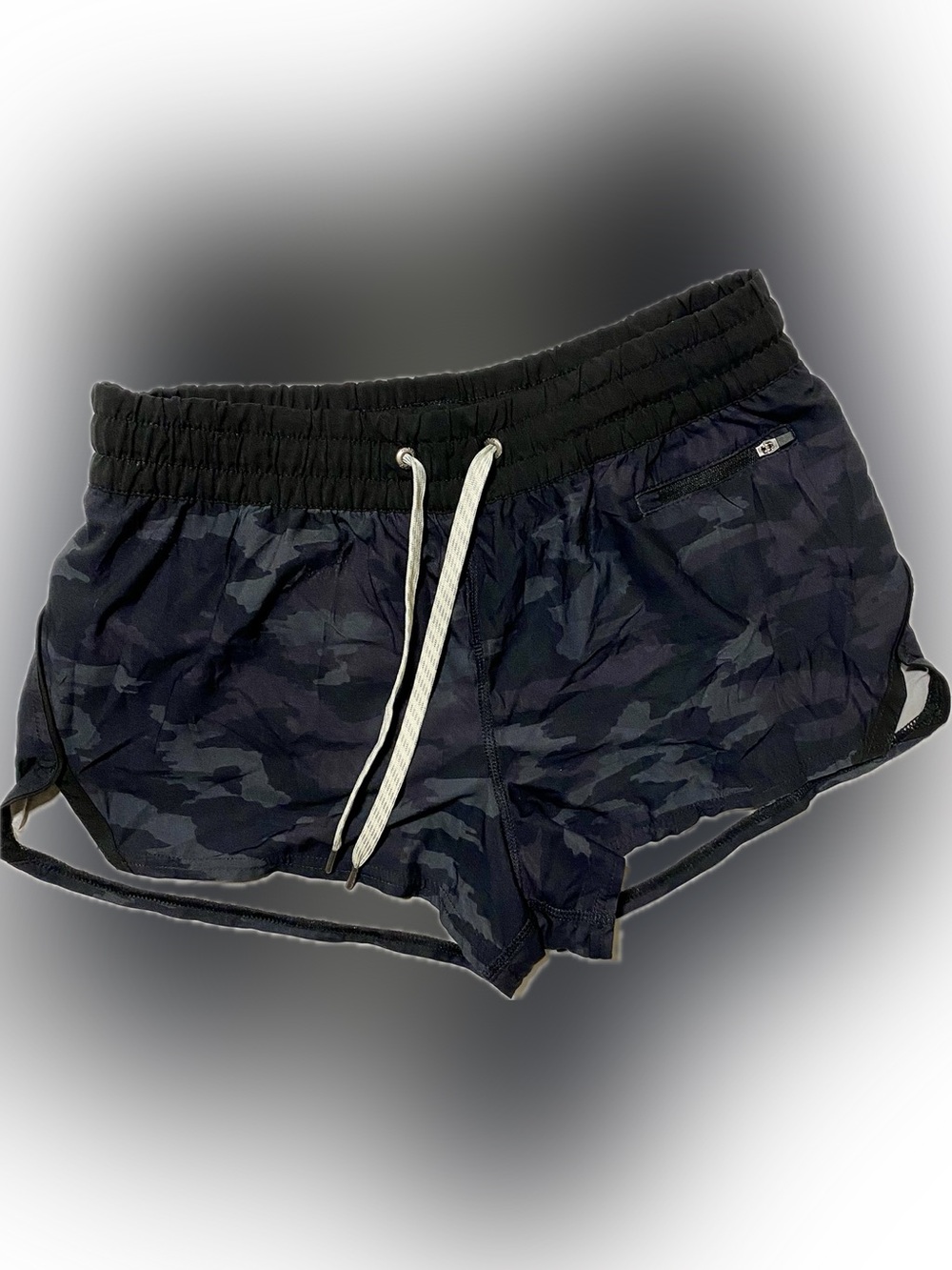 Vuori Women's Black Camo Athletic Shorts with White Drawstring